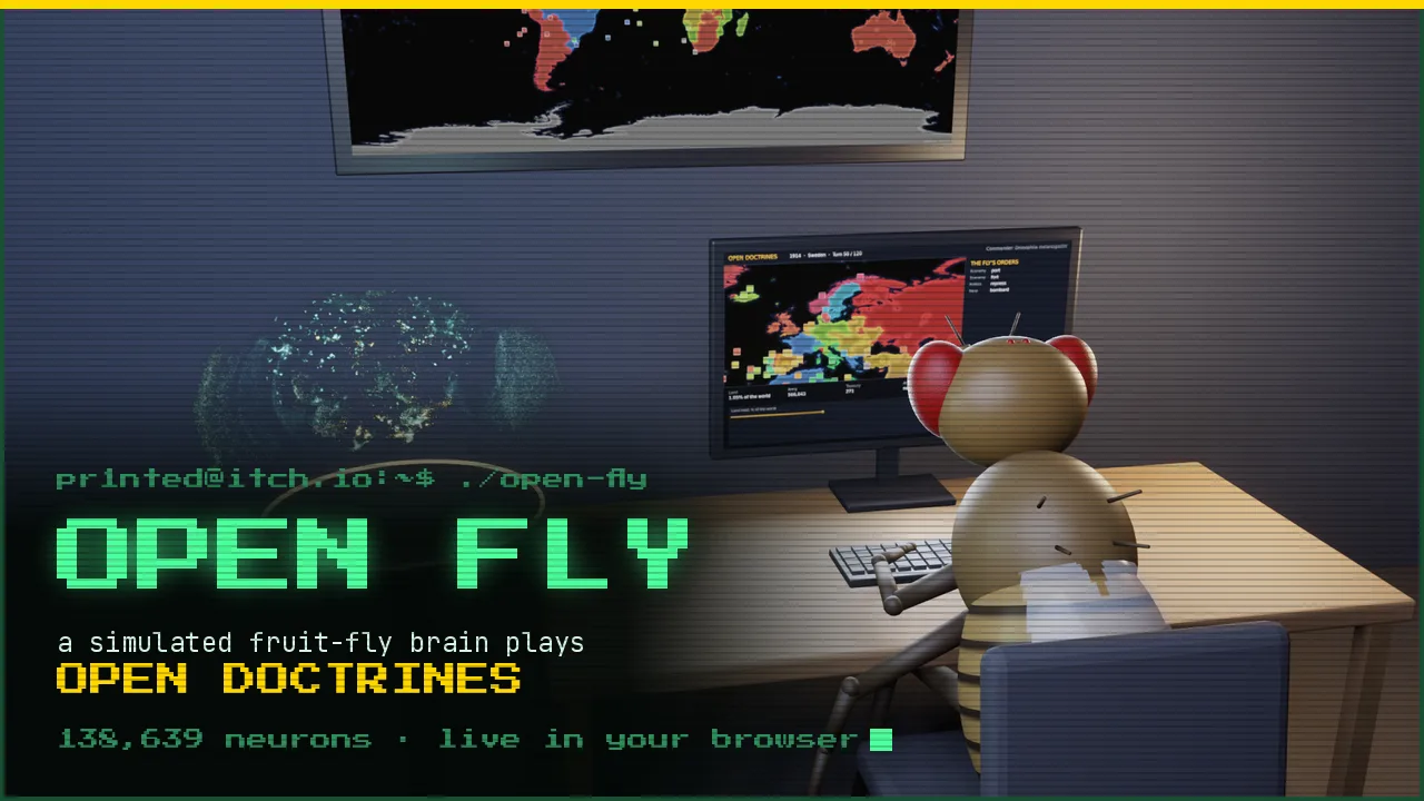 A fly sat at a computer playing Open Doctrines, its brain lit up beside it